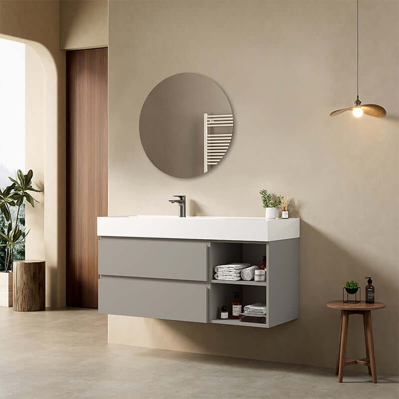 Mobile bagno sospeso 120 cm Grigio Cenere Lavabo a Sinistra in Resina Specchio Tondo - Fiji Paint Plus