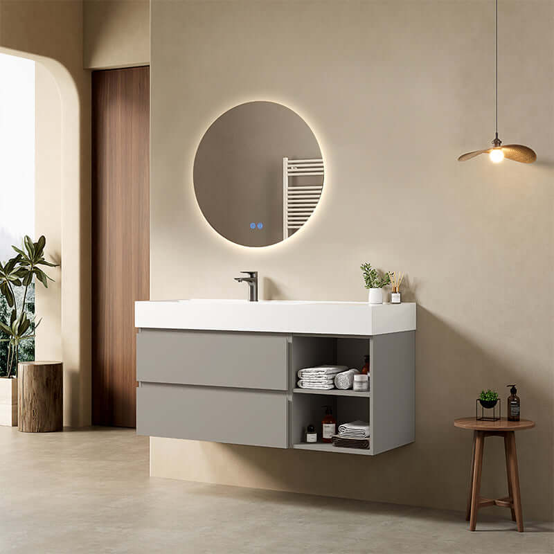 Mobile bagno sospeso 120 cm Grigio Cenere Lavabo a Sinistra in Resina Specchio Tondo Retroilluminato - Fiji Paint Plus