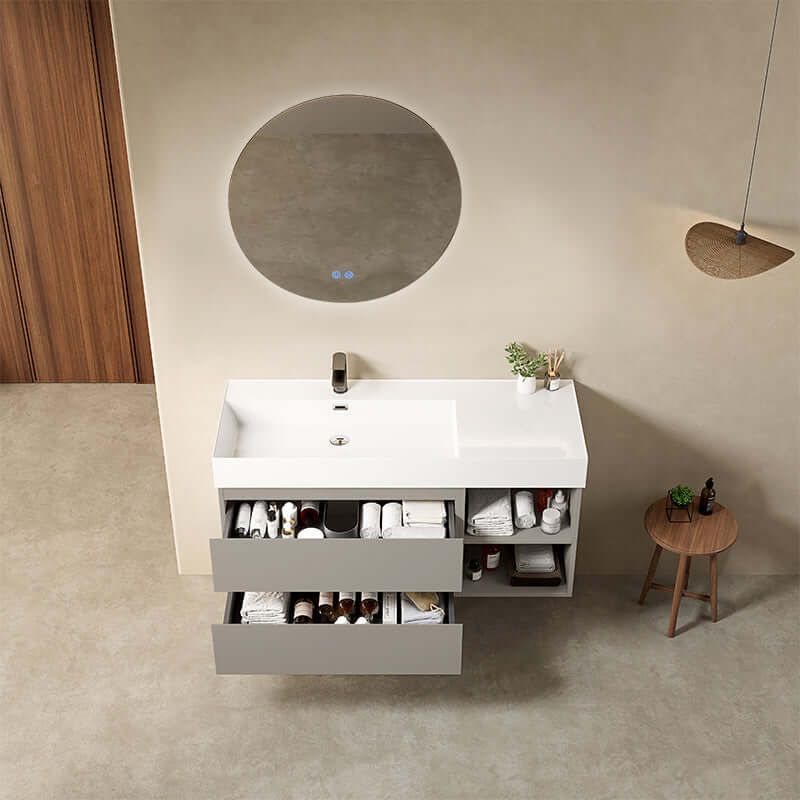 Mobile bagno sospeso 120 cm Grigio Cenere Lavabo a Sinistra in Resina Specchio Tondo Retroilluminato - Fiji Paint Plus