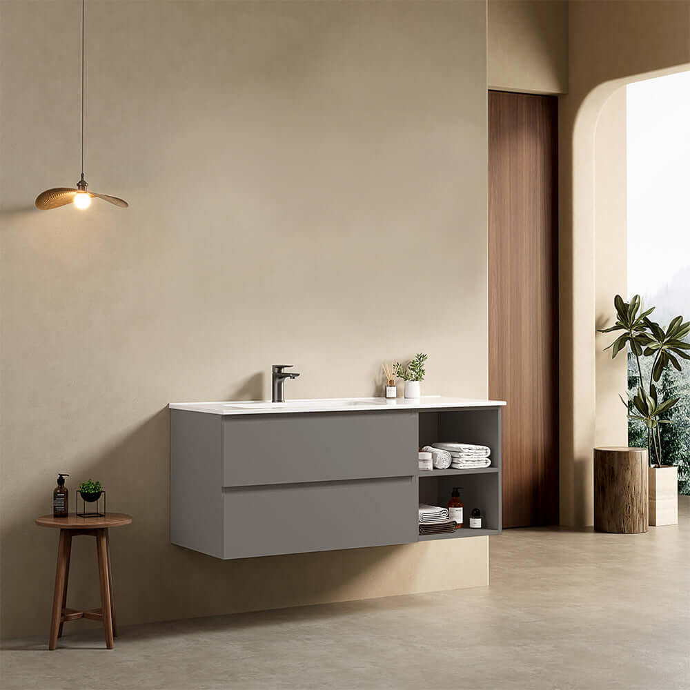 Mobile bagno sospeso 120 cm Grigio Londra Lavabo a Sinistra in Ceramica Senza Specchio - Fiji Paint Plus