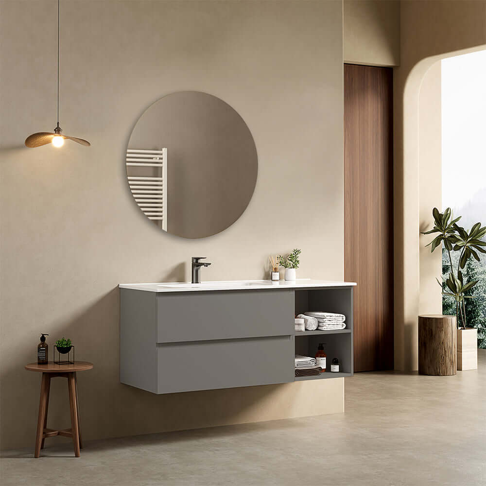 Mobile bagno sospeso 120 cm Grigio Londra Lavabo a Sinistra in Ceramica Specchio Tondo - Fiji Paint Plus