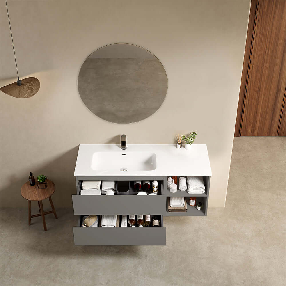 Mobile bagno sospeso 120 cm Grigio Londra Lavabo a Sinistra in Ceramica Specchio Tondo - Fiji Paint Plus