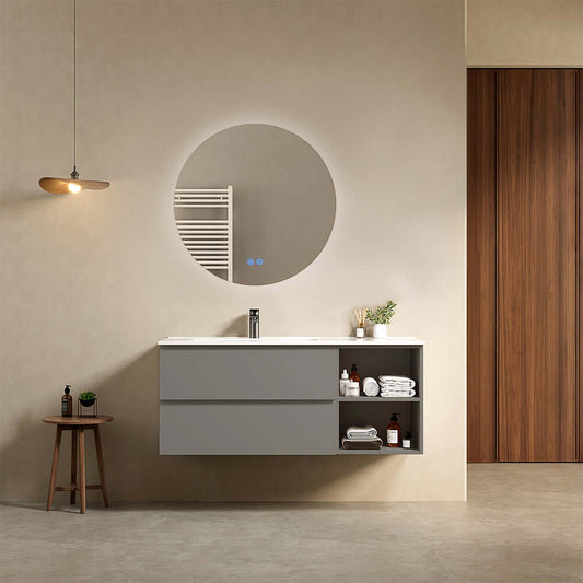 Mobile bagno sospeso 120 cm Grigio Londra Lavabo a Sinistra in Ceramica Specchio Tondo Retroilluminato - Fiji Paint Plus