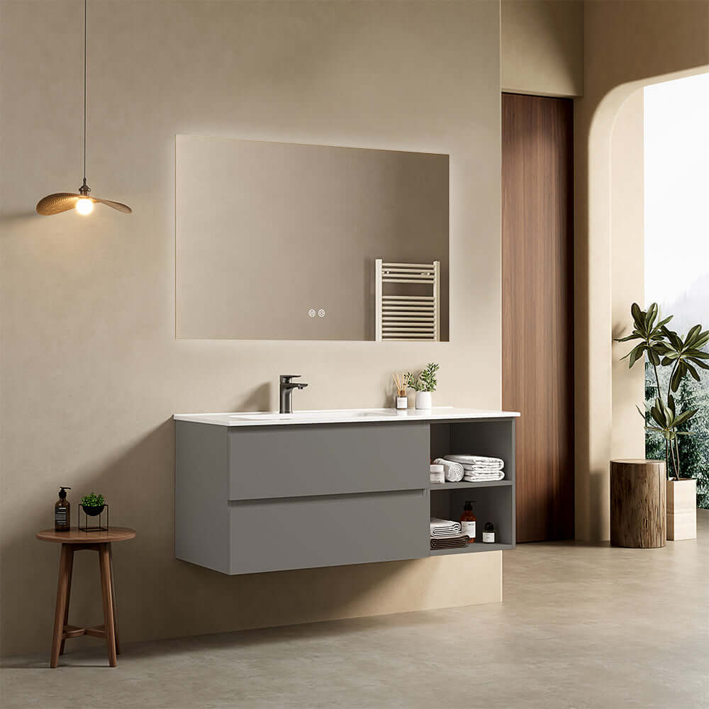 Mobile bagno sospeso 120 cm Grigio Londra Lavabo a Sinistra in Ceramica Specchio Quadro Retroilluminato - Fiji Paint Plus