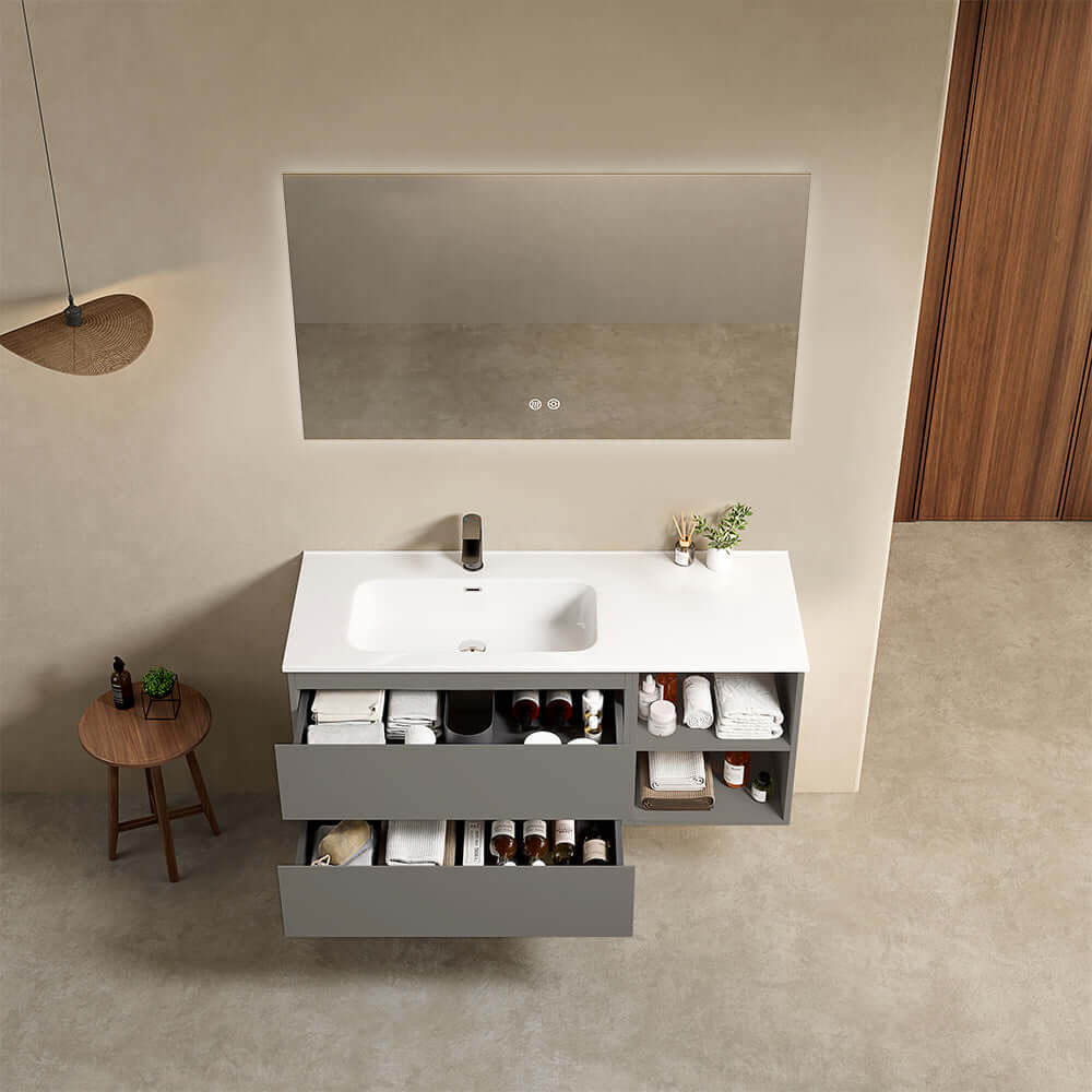 Mobile bagno sospeso 120 cm Grigio Londra Lavabo a Sinistra in Ceramica Specchio Quadro Retroilluminato - Fiji Paint Plus