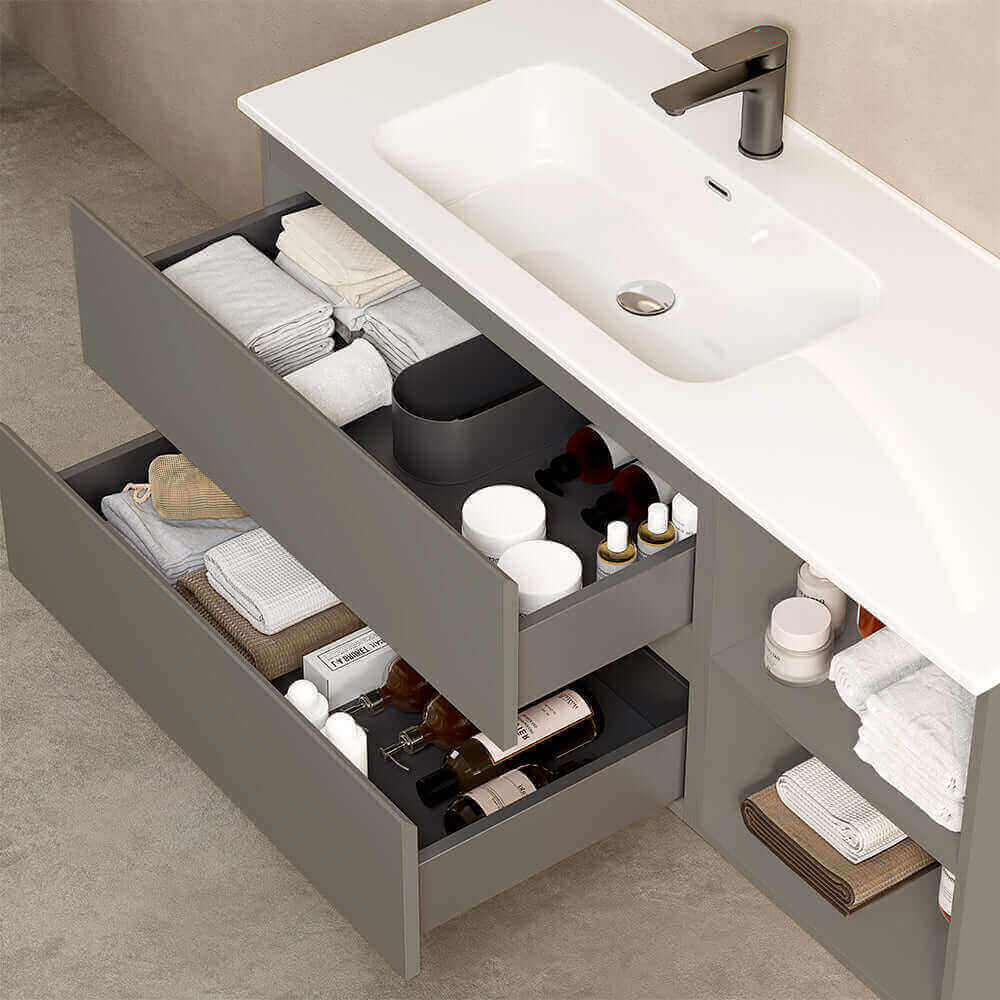 Mobile bagno sospeso 120 cm Grigio Londra Lavabo a Sinistra in Ceramica Specchio Quadro Retroilluminato - Fiji Paint Plus