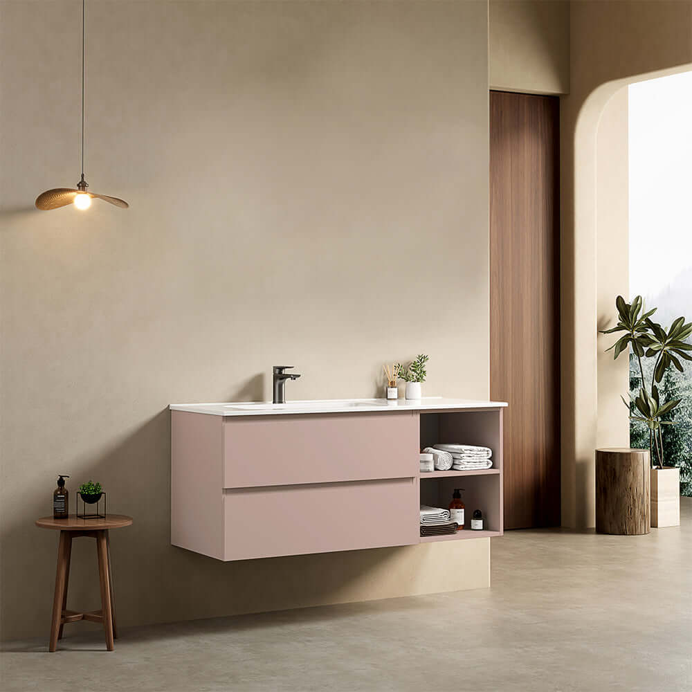 Mobile bagno sospeso 120 cm Rosa Retro Lavabo a Sinistra in Ceramica Senza Specchio - Fiji Paint Plus