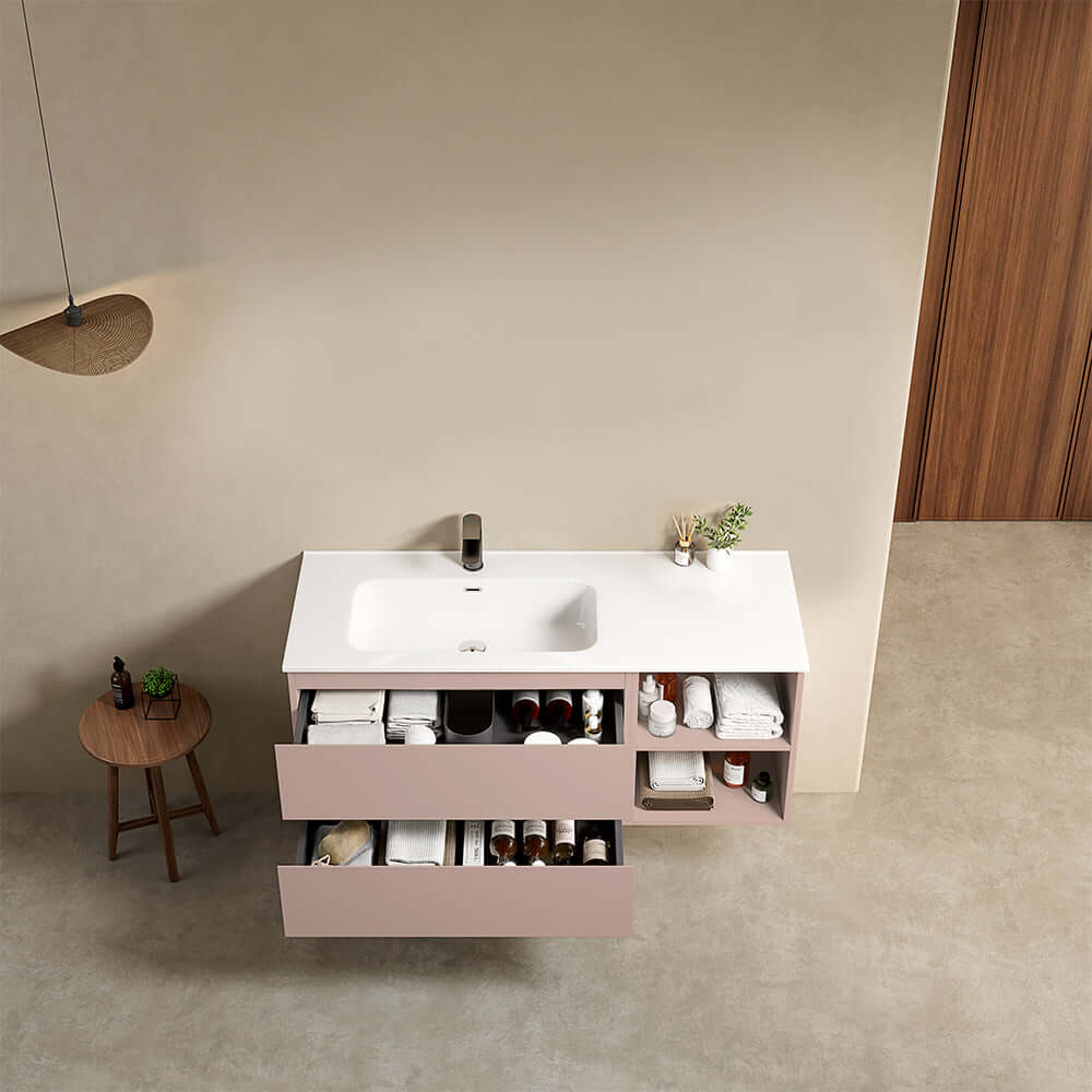 Mobile bagno sospeso 120 cm Rosa Retro Lavabo a Sinistra in Ceramica Senza Specchio - Fiji Paint Plus
