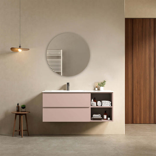 Mobile bagno sospeso 120 cm Rosa Retro Lavabo a Sinistra in Ceramica Specchio Tondo - Fiji Paint Plus