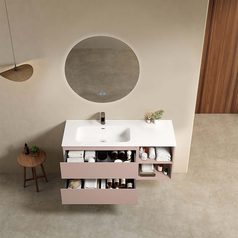 Mobile bagno sospeso 120 cm Rosa Retro Lavabo a Sinistra in Ceramica Specchio Tondo Retroilluminato - Fiji Paint Plus