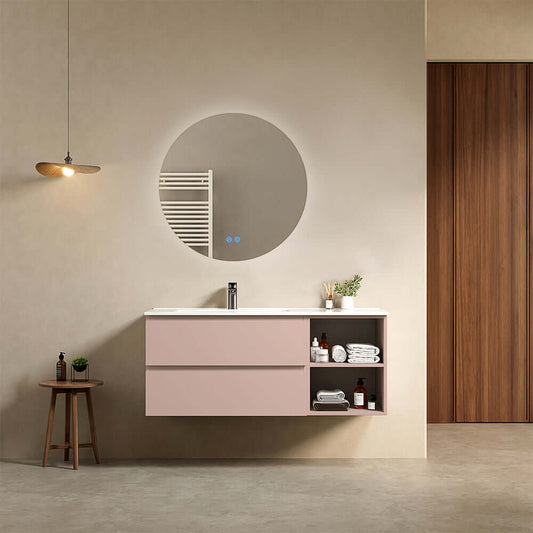 Mobile bagno sospeso 120 cm Rosa Retro Lavabo a Sinistra in Ceramica Specchio Tondo Retroilluminato - Fiji Paint Plus