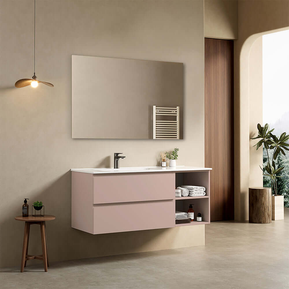Mobile bagno sospeso 120 cm Rosa Retro Lavabo a Sinistra in Ceramica Specchio Quadro - Fiji Paint Plus