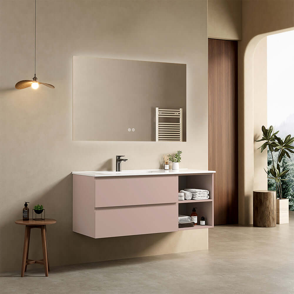 Mobile bagno sospeso 120 cm Rosa Retro Lavabo a Sinistra in Ceramica Specchio Quadro Retroilluminato - Fiji Paint Plus