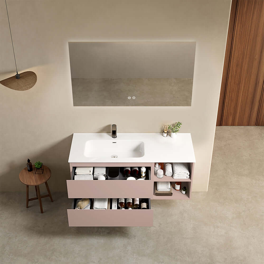 Mobile bagno sospeso 120 cm Rosa Retro Lavabo a Sinistra in Ceramica Specchio Quadro Retroilluminato - Fiji Paint Plus