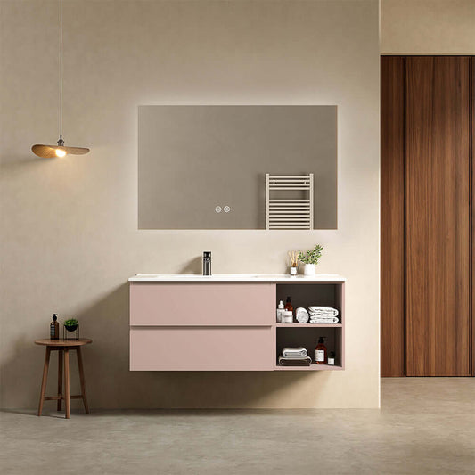 Mobile bagno sospeso 120 cm Rosa Retro Lavabo a Sinistra in Ceramica Specchio Quadro Retroilluminato - Fiji Paint Plus