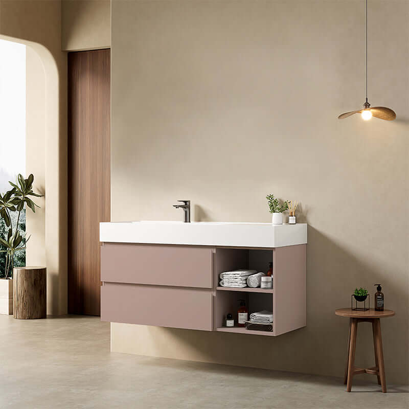 Mobile bagno sospeso 120 cm Rosa Retro Lavabo a Sinistra in Resina Senza Specchio - Fiji Paint Plus