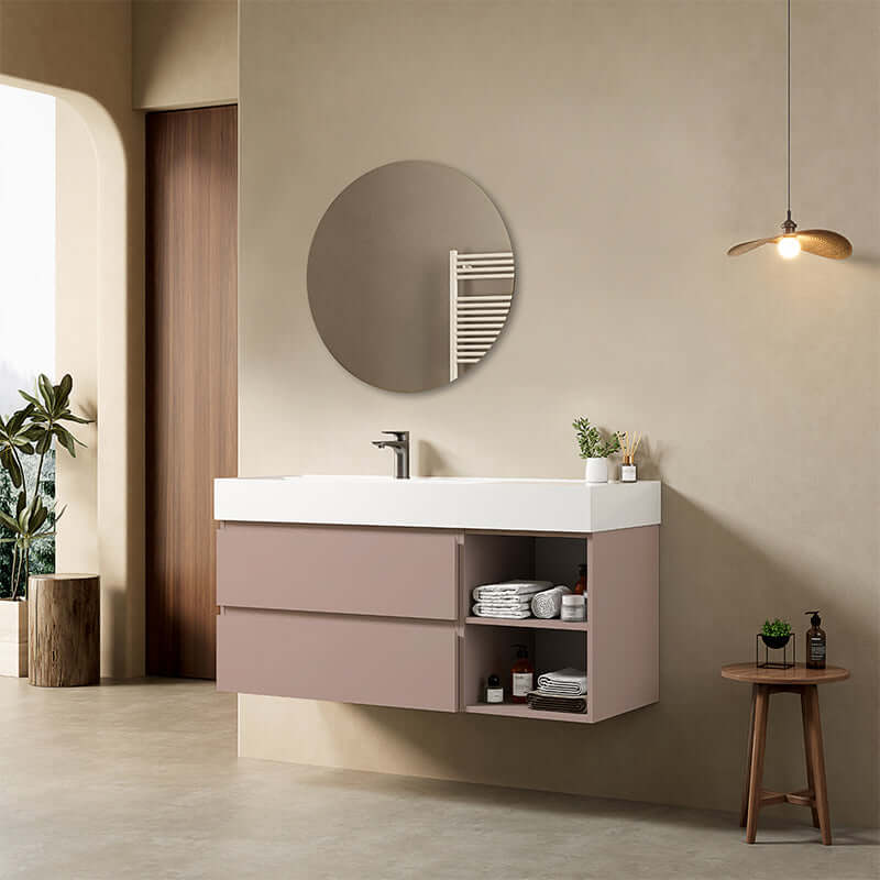 Mobile bagno sospeso 120 cm Rosa Retro Lavabo a Sinistra in Resina Specchio Tondo - Fiji Paint Plus