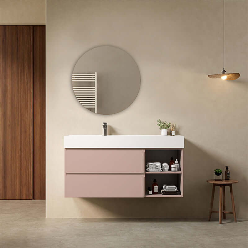 Mobile bagno sospeso 120 cm Rosa Retro Lavabo a Sinistra in Resina Specchio Tondo - Fiji Paint Plus
