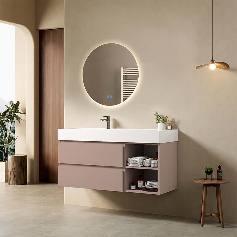 Mobile bagno sospeso 120 cm Rosa Retro Lavabo a Sinistra in Resina Specchio Tondo Retroilluminato - Fiji Paint Plus