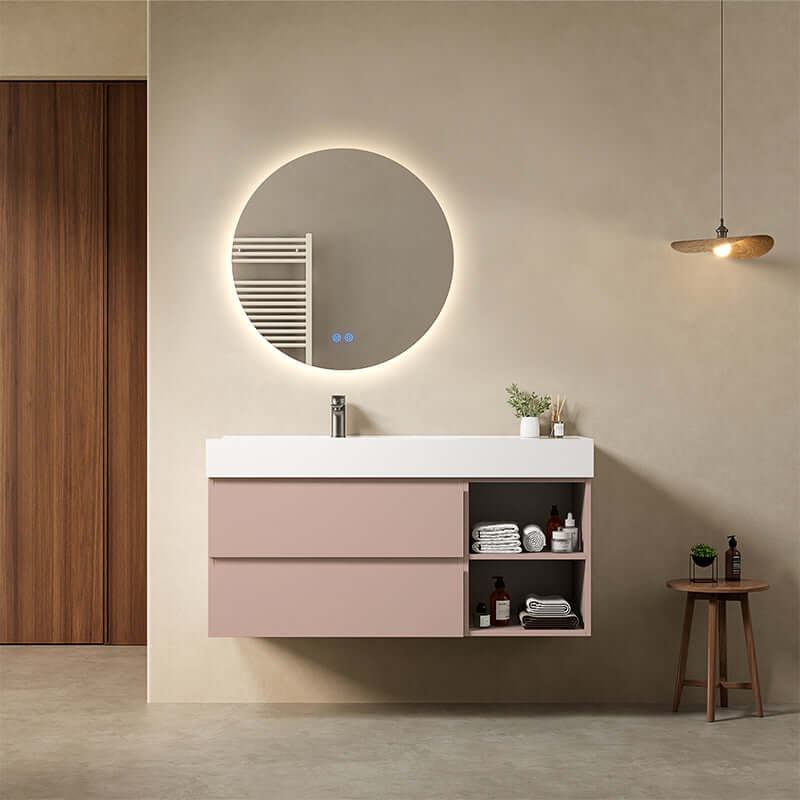 Mobile bagno sospeso 120 cm Rosa Retro Lavabo a Sinistra in Resina Specchio Tondo Retroilluminato - Fiji Paint Plus