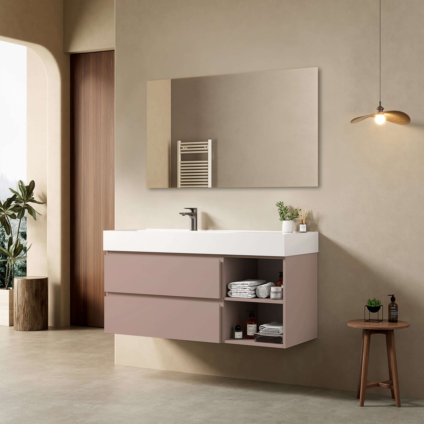 Mobile bagno sospeso 120 cm Rosa Retro Lavabo a Sinistra in Resina Specchio Quadro - Fiji Paint Plus