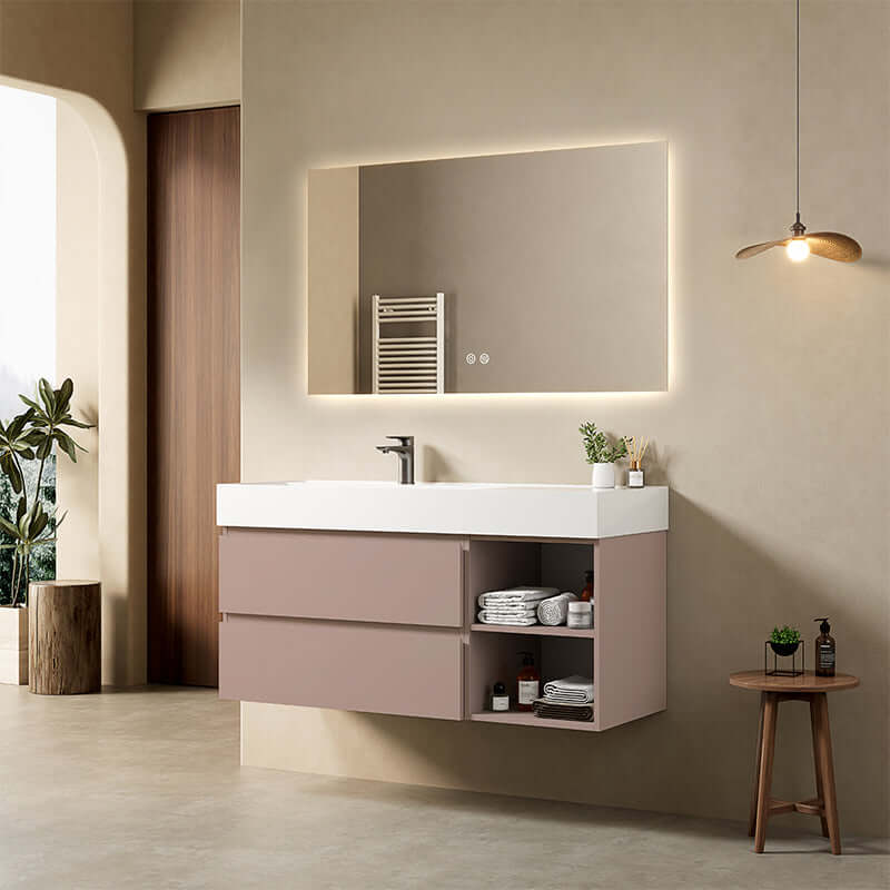Mobile bagno sospeso 120 cm Rosa Retro Lavabo a Sinistra in Resina Specchio Quadro Retroilluminato - Fiji Paint Plus