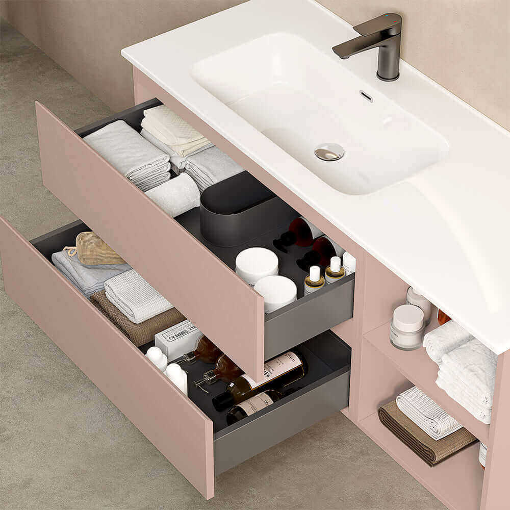 Mobile bagno sospeso 120 cm Rosa Retro Lavabo a Sinistra in Ceramica Specchio Quadro Retroilluminato - Fiji Paint Plus