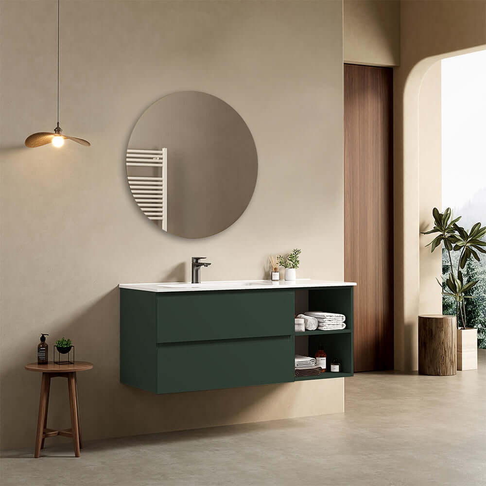 Mobile bagno sospeso 120 cm Verde Comodoro Lavabo a Sinistra in Ceramica Specchio Tondo - Fiji Paint Plus