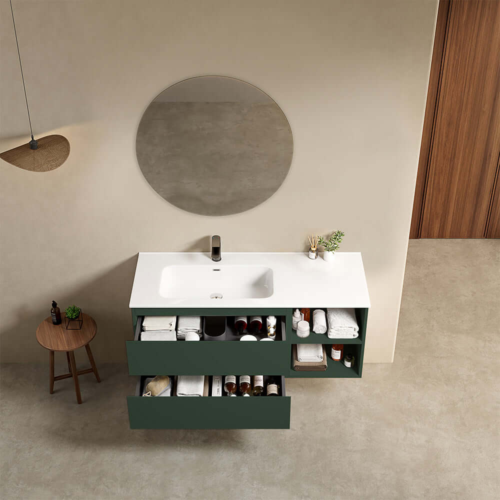 Mobile bagno sospeso 120 cm Verde Comodoro Lavabo a Sinistra in Ceramica Specchio Tondo - Fiji Paint Plus