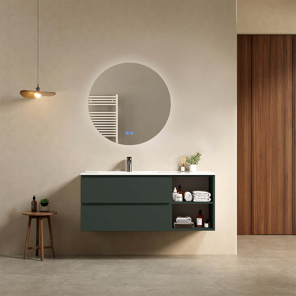Mobile bagno sospeso 120 cm Verde Comodoro Lavabo a Sinistra in Ceramica Specchio Tondo Retroilluminato - Fiji Paint Plus