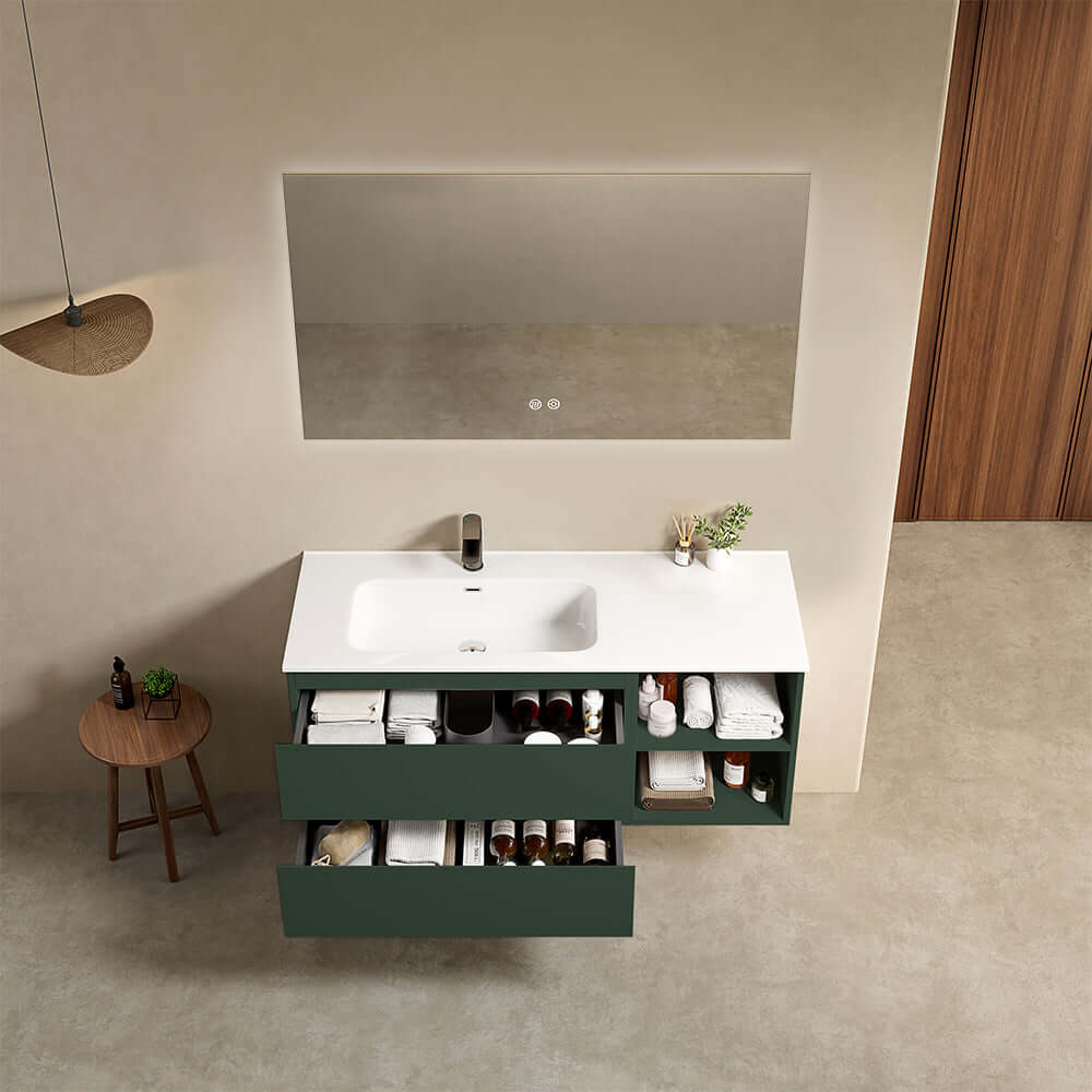 Mobile bagno sospeso 120 cm Verde Comodoro Lavabo a Sinistra in Ceramica Specchio Quadro Retroilluminato - Fiji Paint Plus