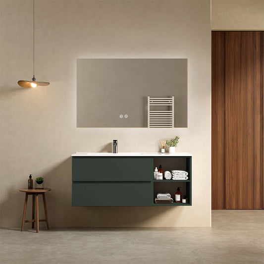 Mobile bagno sospeso 120 cm Verde Comodoro Lavabo a Sinistra in Ceramica Specchio Quadro Retroilluminato - Fiji Paint Plus