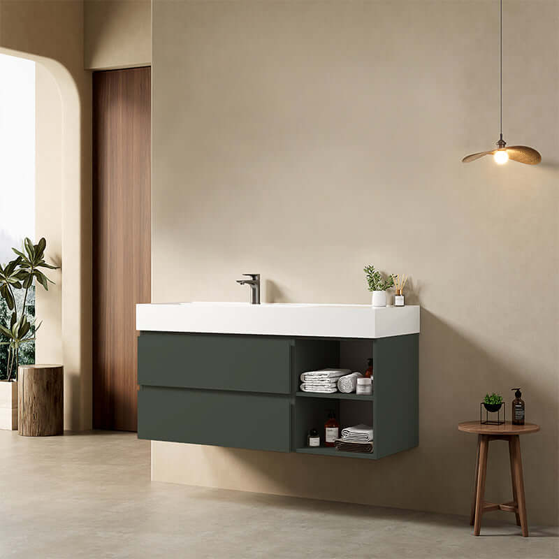 Mobile bagno sospeso 120 cm Verde Comodoro Lavabo a Sinistra in Resina Senza Specchio - Fiji Paint Plus