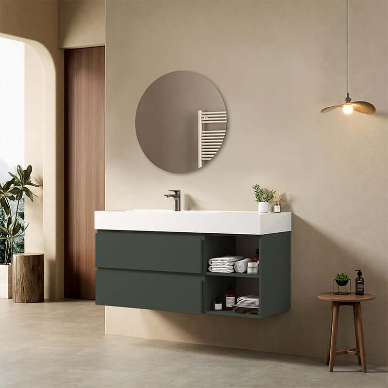 Mobile bagno sospeso 120 cm Verde Comodoro Lavabo a Sinistra in Resina Specchio Tondo - Fiji Paint Plus