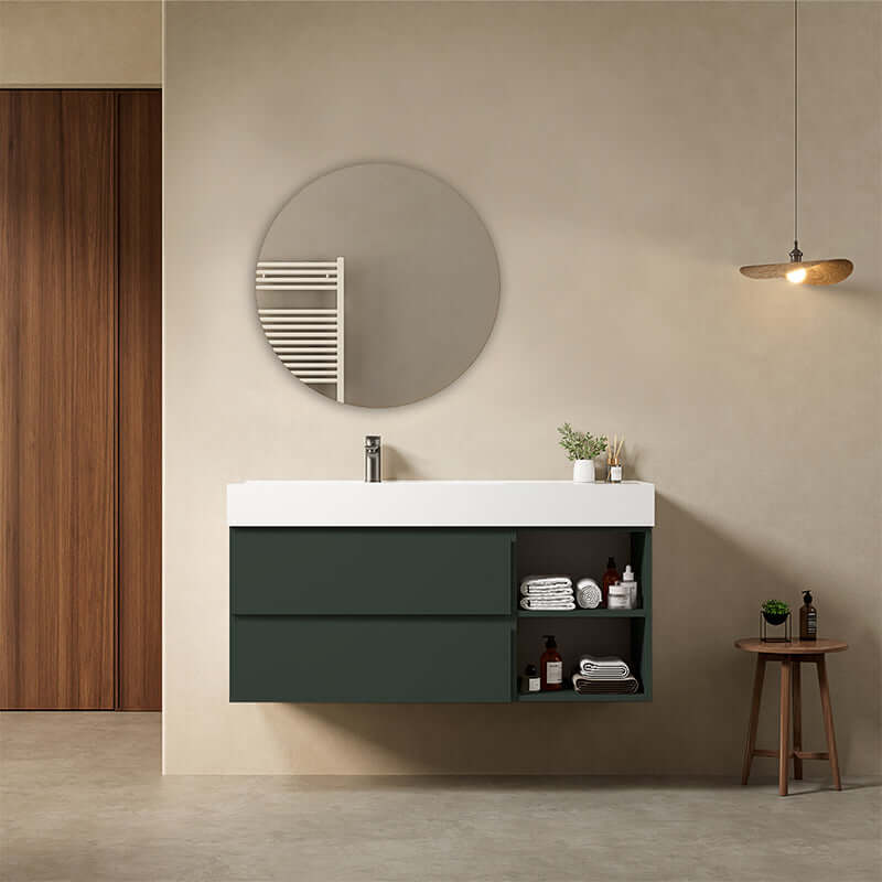 Mobile bagno sospeso 120 cm Verde Comodoro Lavabo a Sinistra in Resina Specchio Tondo - Fiji Paint Plus