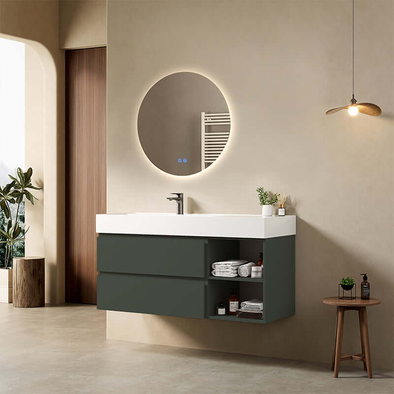 Mobile bagno sospeso 120 cm Verde Comodoro Lavabo a Sinistra in Resina Specchio Tondo Retroilluminato - Fiji Paint Plus
