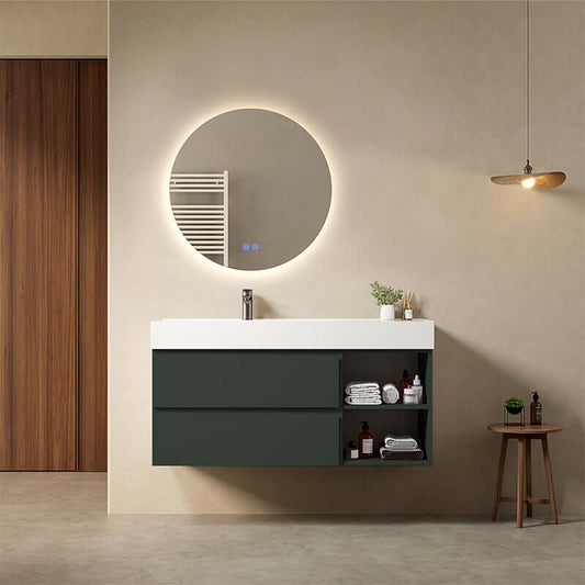 Mobile bagno sospeso 120 cm Verde Comodoro Lavabo a Sinistra in Resina Specchio Tondo Retroilluminato - Fiji Paint Plus