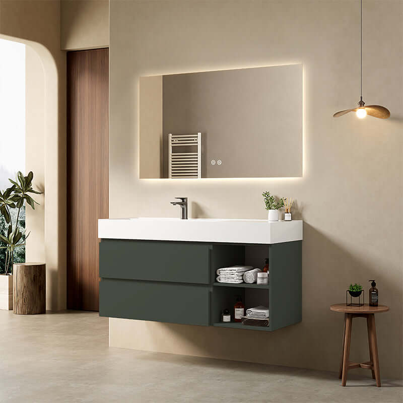 Mobile bagno sospeso 120 cm Verde Comodoro Lavabo a Sinistra in Resina Specchio Quadro Retroilluminato - Fiji Paint Plus