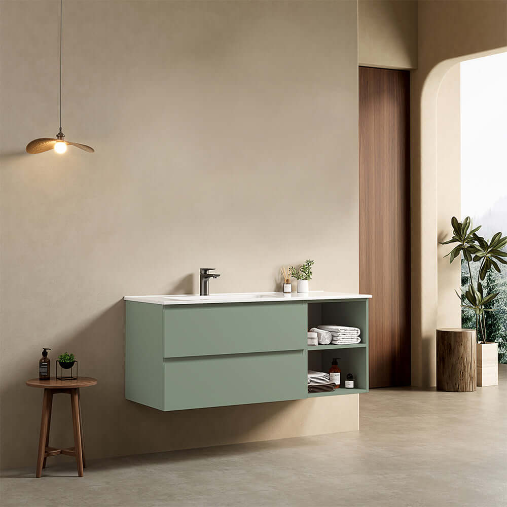 Mobile bagno sospeso 120 cm Verde Salvia Lavabo a Sinistra in Ceramica Senza Specchio - Fiji Paint Plus