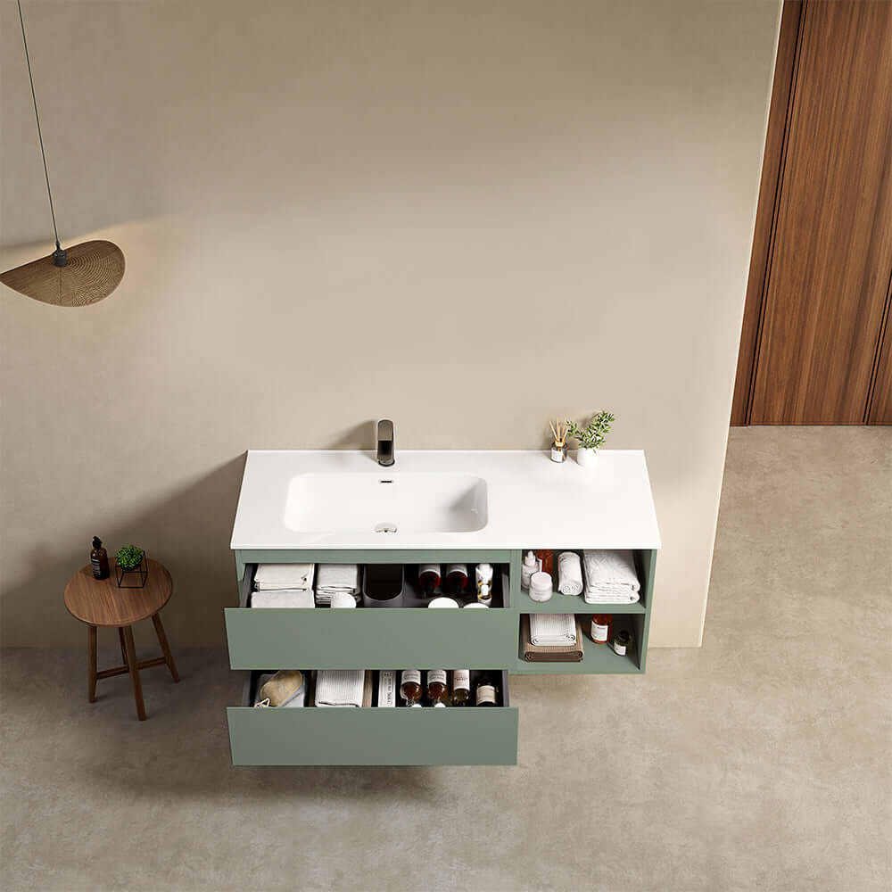 Mobile bagno sospeso 120 cm Verde Salvia Lavabo a Sinistra in Ceramica Senza Specchio - Fiji Paint Plus
