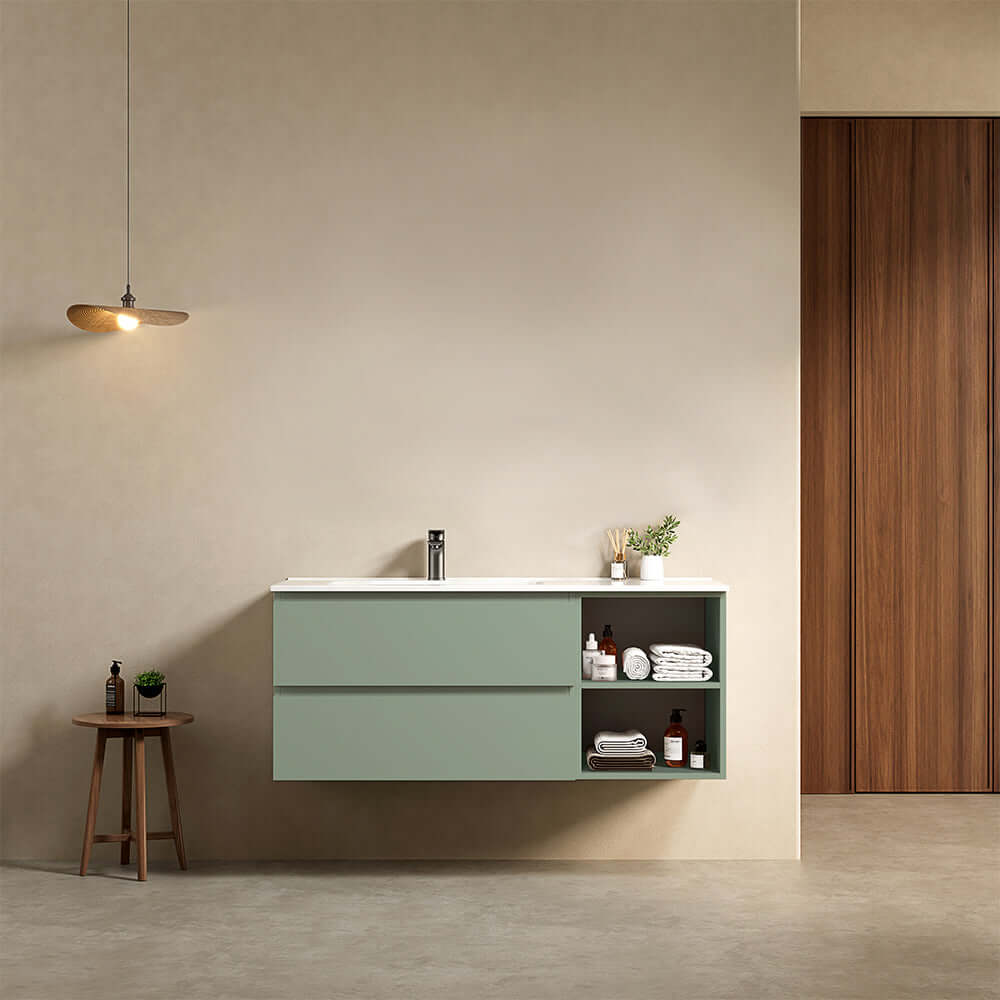 Mobile bagno sospeso 120 cm Verde Salvia Lavabo a Sinistra in Ceramica Senza Specchio - Fiji Paint Plus