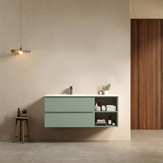 Mobile bagno sospeso 120 cm Verde Salvia Lavabo a Sinistra in Ceramica Senza Specchio - Fiji Paint Plus