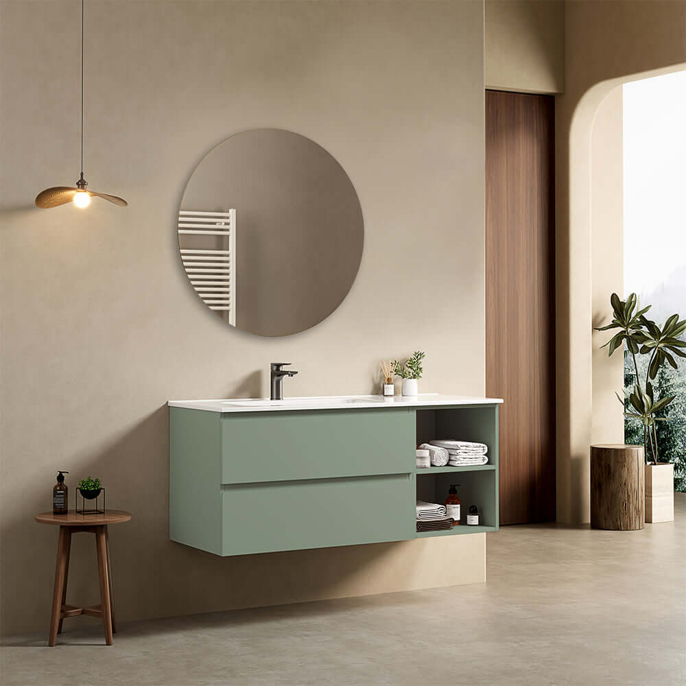 Mobile bagno sospeso 120 cm Verde Salvia Lavabo a Sinistra in Ceramica Specchio Tondo - Fiji Paint Plus