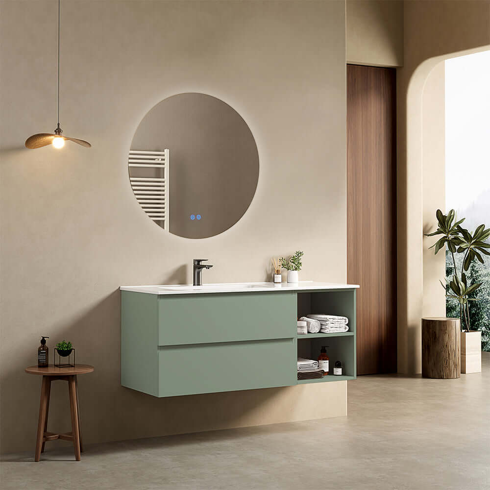 Mobile bagno sospeso 120 cm Verde Salvia Lavabo a Sinistra in Ceramica Specchio Tondo Retroilluminato - Fiji Paint Plus