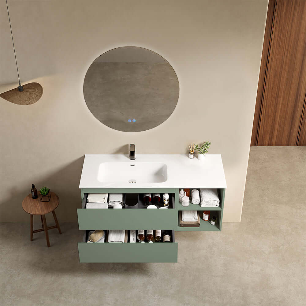 Mobile bagno sospeso 120 cm Verde Salvia Lavabo a Sinistra in Ceramica Specchio Tondo Retroilluminato - Fiji Paint Plus