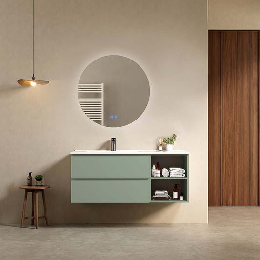 Mobile bagno sospeso 120 cm Verde Salvia Lavabo a Sinistra in Ceramica Specchio Tondo Retroilluminato - Fiji Paint Plus