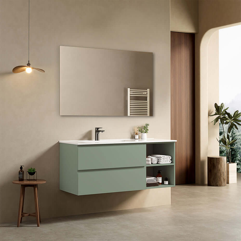 Mobile bagno sospeso 120 cm Verde Salvia Lavabo a Sinistra in Ceramica Specchio Quadro - Fiji Paint Plus