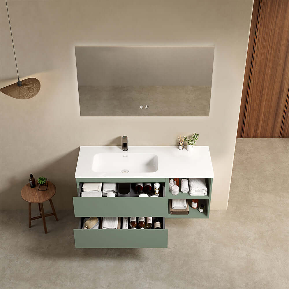 Mobile bagno sospeso 120 cm Verde Salvia Lavabo a Sinistra in Ceramica Specchio Quadro Retroilluminato - Fiji Paint Plus