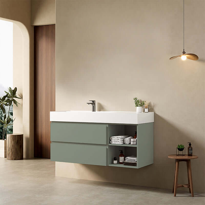 Mobile bagno sospeso 120 cm Verde Salvia Lavabo a Sinistra in Resina Senza Specchio - Fiji Paint Plus