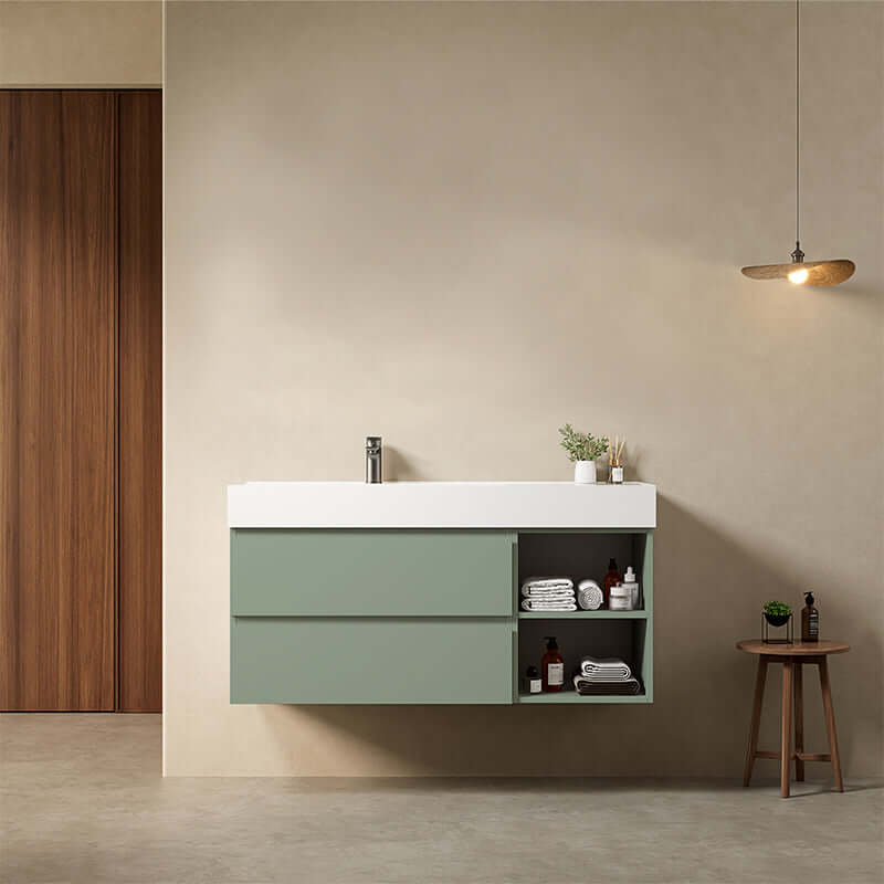 Mobile bagno sospeso 120 cm Verde Salvia Lavabo a Sinistra in Resina Senza Specchio - Fiji Paint Plus